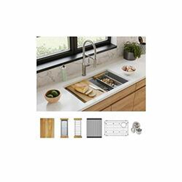 Elkay Crosstown 31-1/2" Undermount Single Basin Stainless Steel Kitchen Workstation Sink with Basin Rack, Basket Strainer, Colander, and Cutting Board EFRU30169RTWC