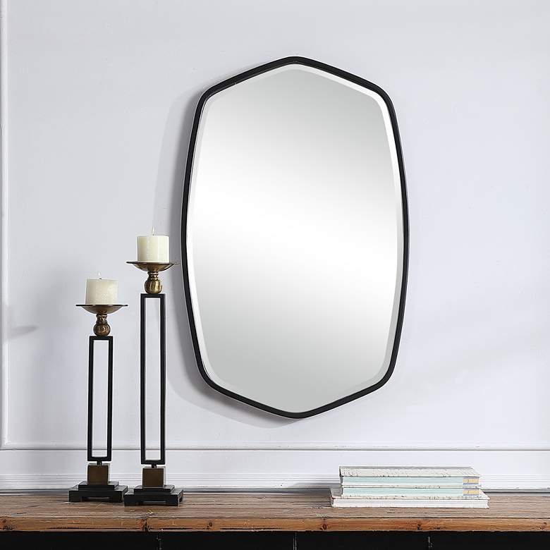 Uttermost Duronia 22-1/4" W x 36-1/4" H Contemporary Geometric Framed Bathroom Wall Mirror Satin Black 09699