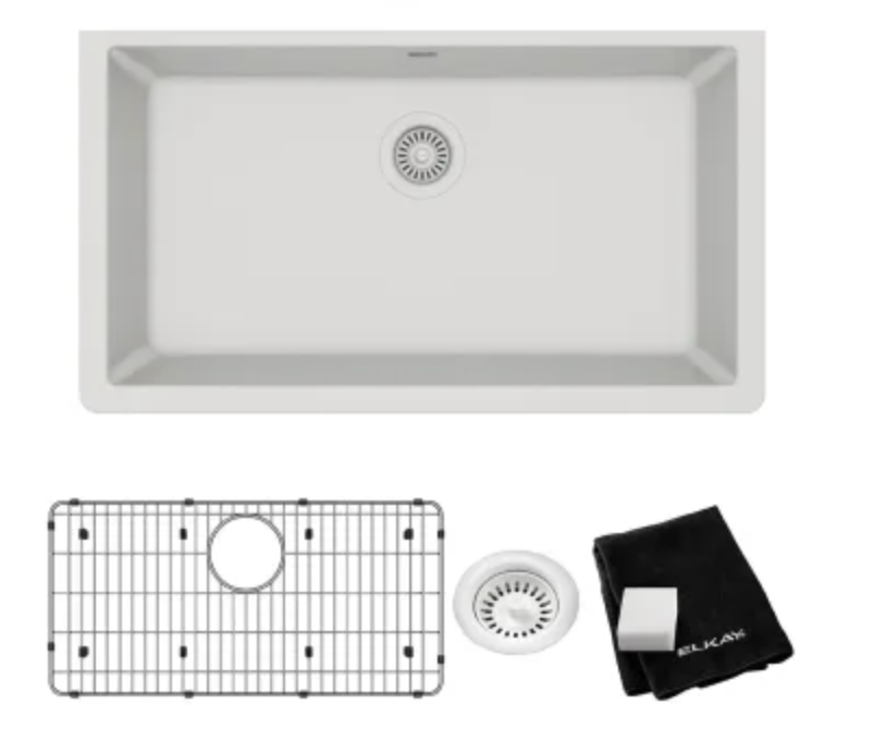 Elkay Quartz Classic 33" Undermount Single Basin Quartz Composite Kitchen Sink White ELGRU13322WH0C