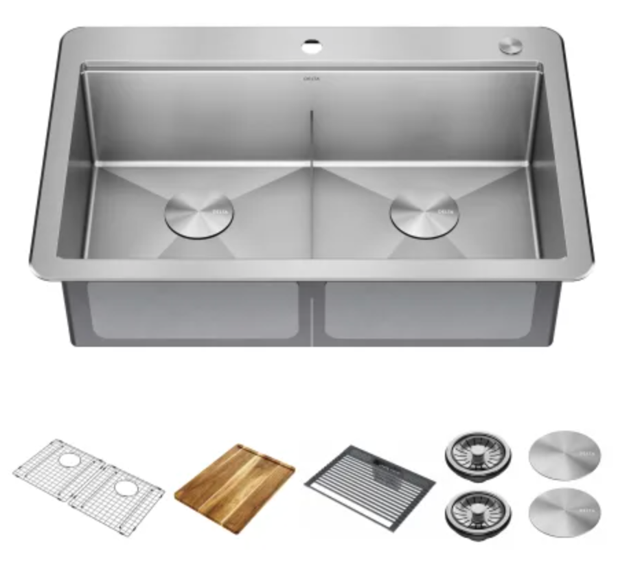Delta Lorelai 33” Workstation Kitchen Sink Top Mount Drop-In 16 Gauge Stainless Steel 50/50 95A9032-T33D-SS Double Basin Sink with WorkFlow Ledge and Accessories