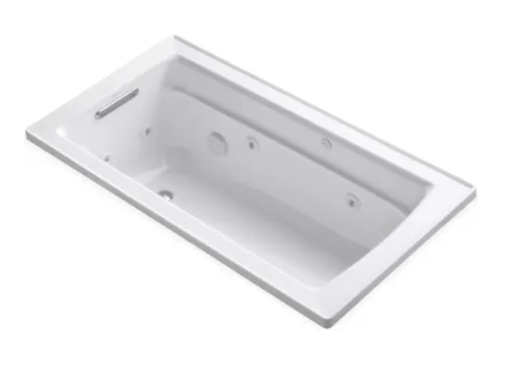 Kohler Archer Collection 60" Drop In Jetted Whirlpool Bath Tub with Reversible Drain White K-1122-0
