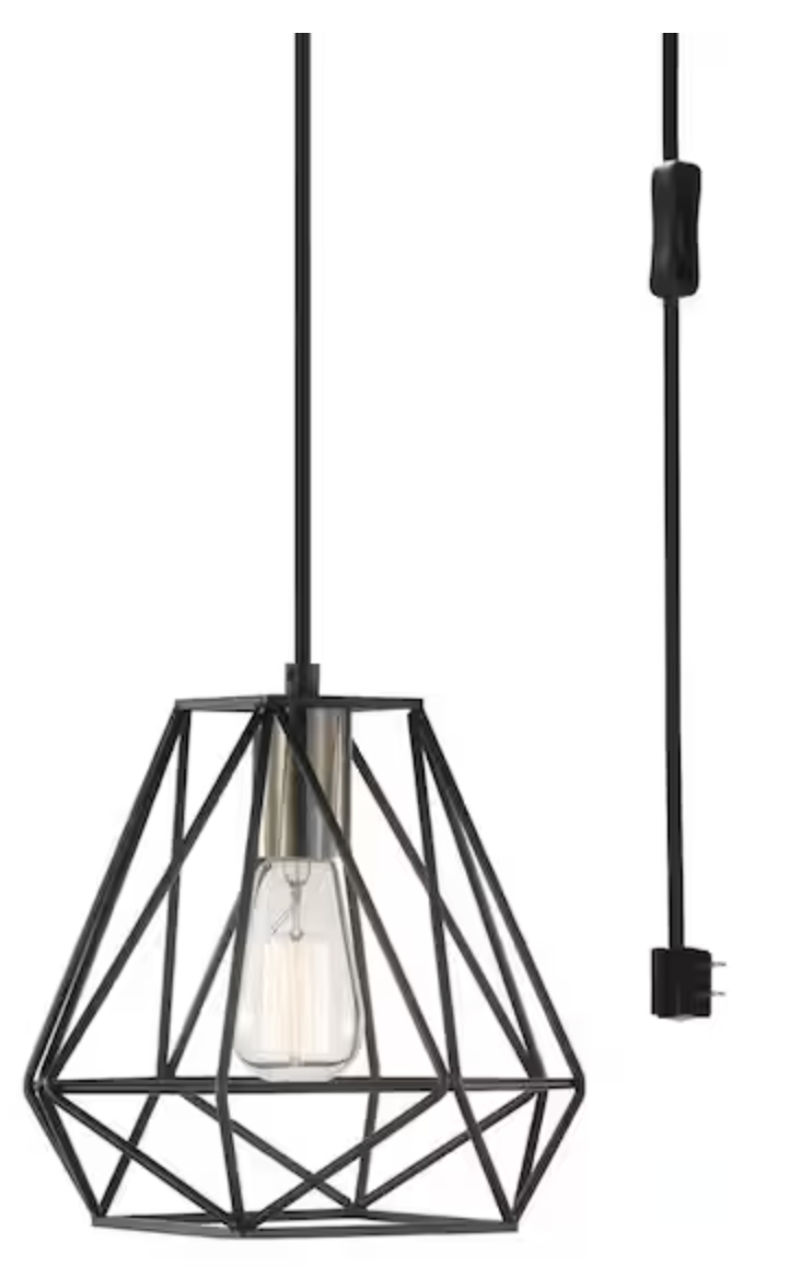 Hampton Bay Brielle 60-Watt 1-Light Matte Black Shaded Pendant Light with Cage Shade 67000094