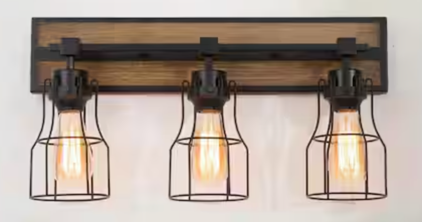 LNC Black Vanity Light 3-Light Farmhouse Vanity Light Industrial Wall Sconce Bathroom Wall Light with Faux Wood Accents 6VFZQVHD13909T7