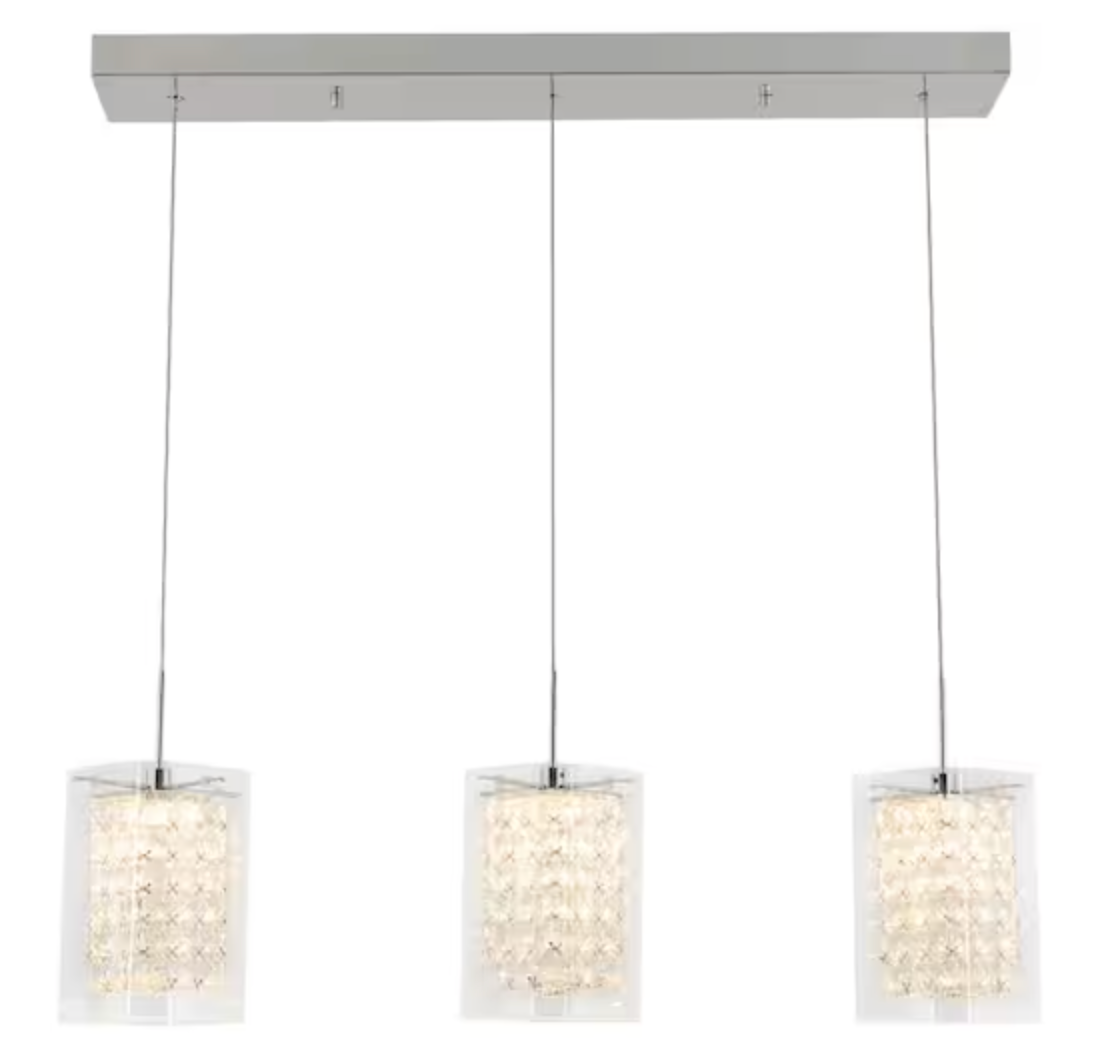 Artika Crystal Cube 13-Watt 3 Light Chrome Modern Integrated LED Pendant Light Fixture for Dining Room or Kitchen PDT-3CC