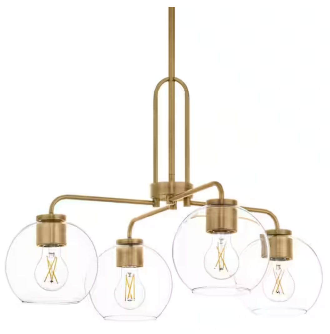 Hampton Bay Nelwyn 25 in. 4-Light Vintage Brass Chandelier with Clear Glass Globe Shades 1051HBVBDI
