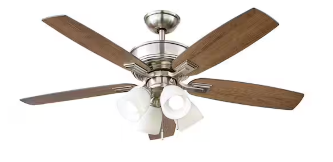 Hampton Bay Devron II 52 in. Indoor Brushed Nickel LED Ceiling Fan with Light Kit, Downrod and Reversible Blades 57333