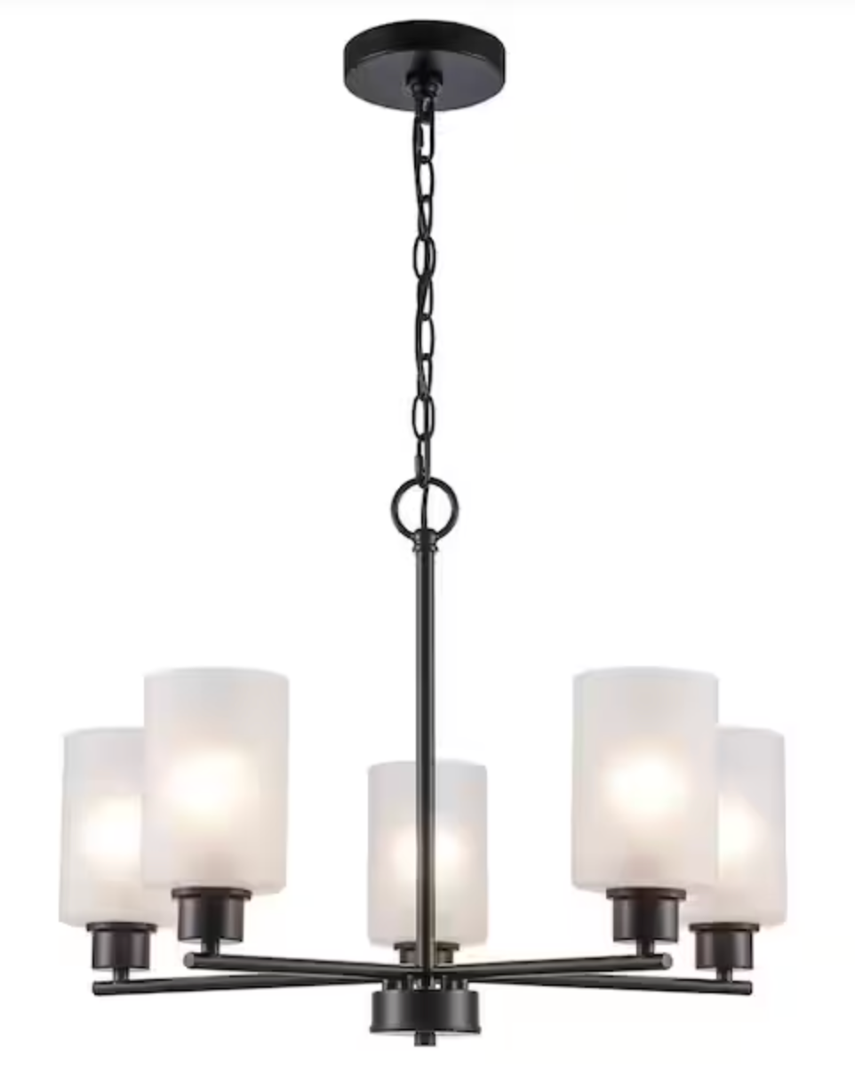 Hampton Bay Cawthon 5-Light Black Chandelier Light Fixture with Frosted Glass Shades BAL-003 BK