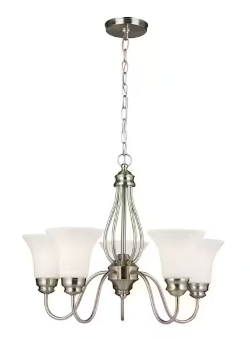 Hampton Bay Kensley Park 5-Light Classic Traditional Brushed Nickel Hanging Candlestick Chandelier with Frosted White Shade EFG8195L-2
