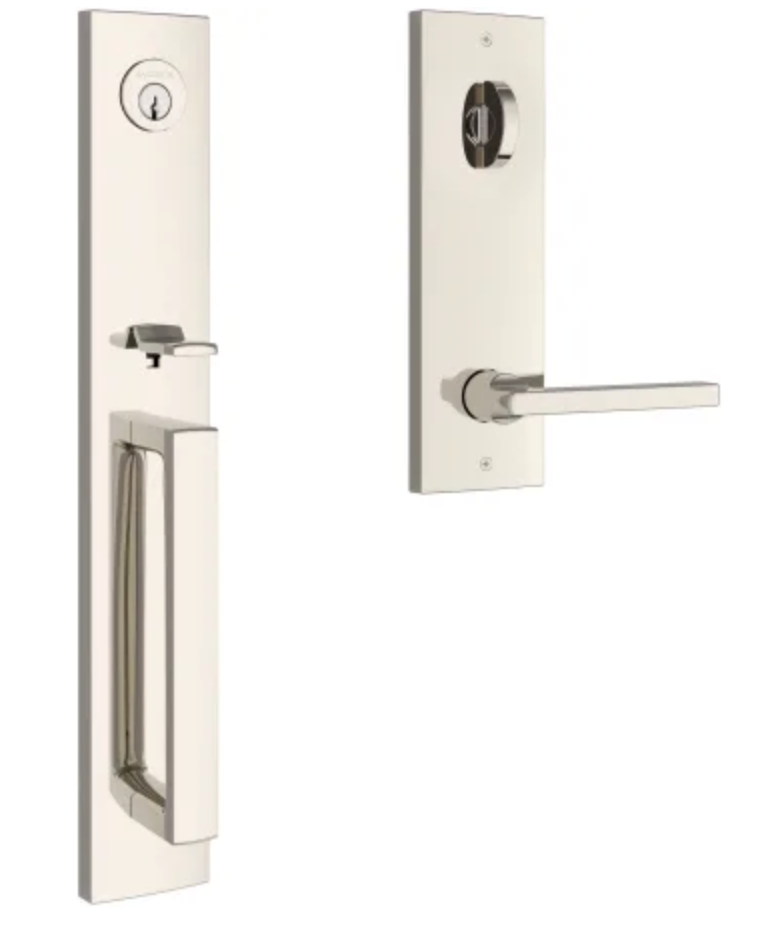 Baldwin Santa Cruz Full Plate Single Cylinder Keyed Entry Handleset with Interior Square Lever and Emergency Egress Function Lifetime Polished Nickel EESANxSQUCQE055