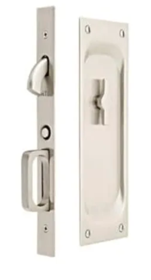 Emtek 7-1/2 Inch Solid Brass Privacy Mortise Pocket Door Lock for 1-3/8" Thick Doors Satin Nickel 2105US15138