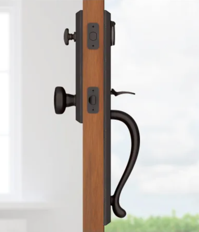 Baldwin Longview Full Plate Single Cylinder Keyed Entry Handleset with Interior Rustic Knob and Emergency Egress Function Dark Bronze EELONxRUSSBE481