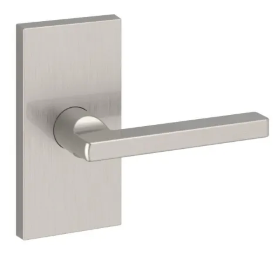 Baldwin Square Non-Turning Two-Sided Dummy Door Lever Set with 5 Inch Rectangle Rose from the Reserve Collection Satin Nickel FDSQUCFR150