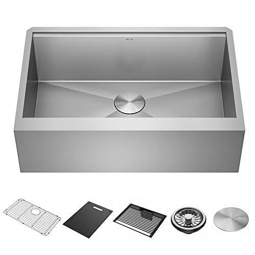 Delta Rivet 33” Workstation Farmhouse Apron Front Kitchen Sink Undermount 16 Gauge Stainless Steel Single Bowl with WorkFlow Ledge and Accessories 95C9031-33S-SS