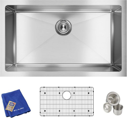 Elkay Crosstown 30-1/2" Undermount Single Basin Stainless Steel Kitchen Sink with Basin Rack and Basket Strainer EFRU281610TC