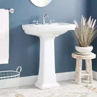 Signature Hardware Key West 24" Porcelain Pedestal Sink with Porcelain Base and 3 Faucet Holes at 8" Centers White SHKW348WH