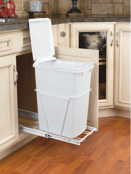Rev-A-Shelf Classic 10-1/2"W Steel Frame Single 35 Qt / 8.75 Gallon Pull Out Trash Can / Waste Bin with Lid and 3/4 Extension Slides White RV-12PB-L