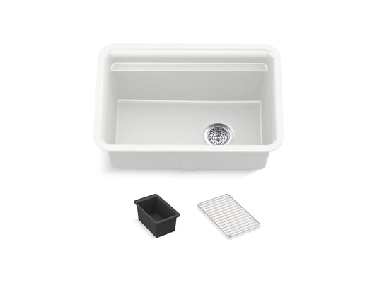 Kohler Cairn 27-1/2" Undermount Single Bowl Neoroc Granite Composite Utility Sink with Wash Bin and Utility Rack Matte White K-27787-CM6
