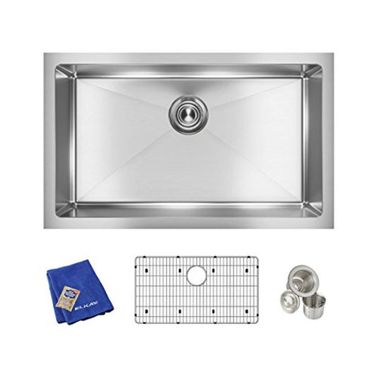 Elkay Crosstown 30-1/2" Undermount Single Basin Stainless Steel Kitchen Sink with Basin Rack and Basket Strainer EFRU2816TC