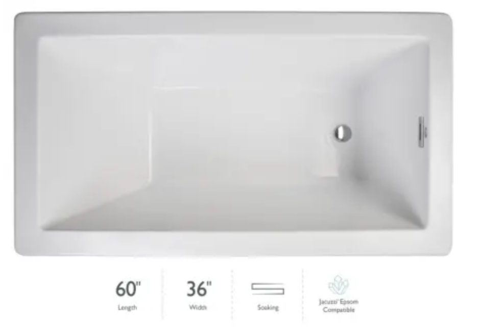 Jacuzzi Elara Low Profile 60" x 36" Acrylic Soaking Bathtub for Drop-In Installations with Reversible Drain White NY79959