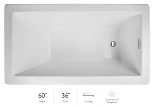 Jacuzzi Elara Low Profile 60" x 36" Acrylic Soaking Bathtub for Drop-In Installations with Reversible Drain White NY79959