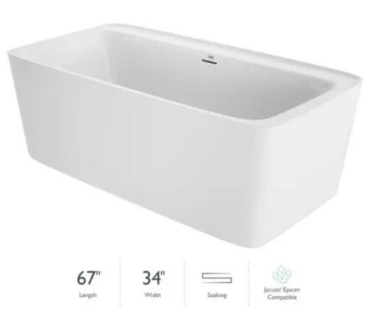 Jacuzzi Adatto 67" Free Standing Acrylic Soaking Tub with Center Drain, Pop-Up Drain Assembly and Overflow White TRF67-3424JC-AW