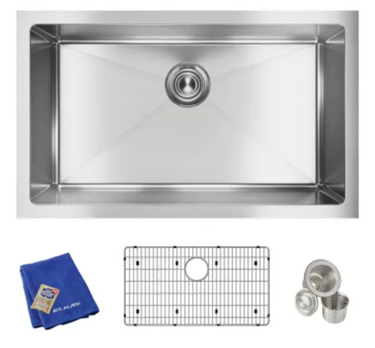 Elkay Crosstown 30-1/2" Undermount Single Basin Stainless Steel Kitchen Sink with Basin Rack and Basket Strainer EFRU281610TC