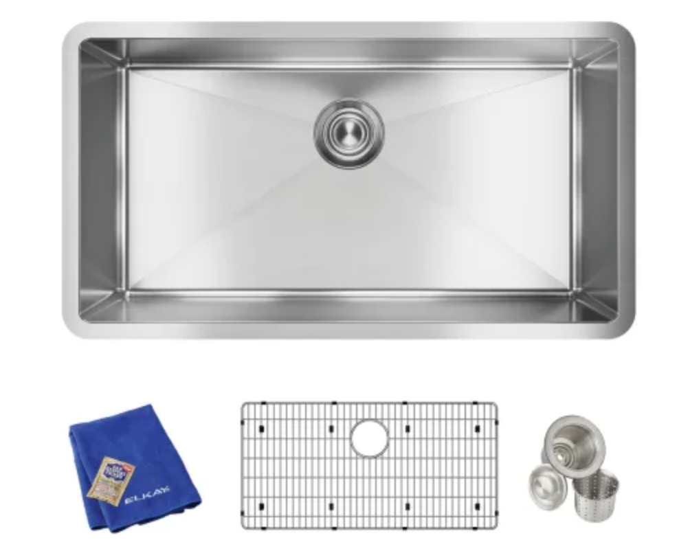 Elkay Crosstown 32-1/2" Undermount Single Basin Stainless Steel Kitchen Sink with Basin Rack and Basket Strainer EFRU311610TC