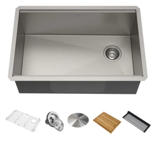 Kraus Kore 27" Undermount Single Basin Stainless Steel Kitchen Sink - Basin Rack, Strainer, Cutting Board, and Drying Mat Included KWU110-27