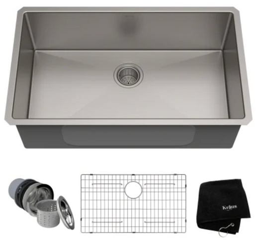 Kraus Standart PRO 32" Single Basin 16 Gauge Stainless Steel Kitchen Sink for Undermount Installations - Basin Rack and Basket Strainer Included KHU100-32