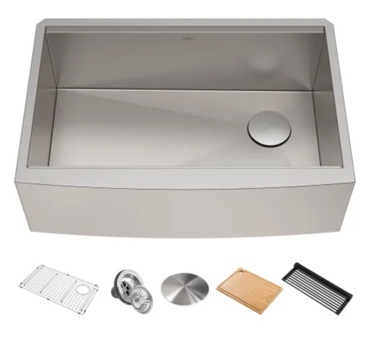 Kraus Kore 32-7/8" Farmhouse Single Basin Stainless Steel Kitchen Sink with Basin Rack, Basket Strainer, Cutting Board, Drying Mat, and Cover Cap KWF210-33