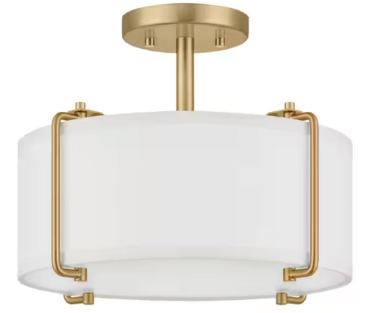 Brookley 14 in. 2-Light Brushed Gold Semi-Flush Mount with White Fabric Shade HD19546S