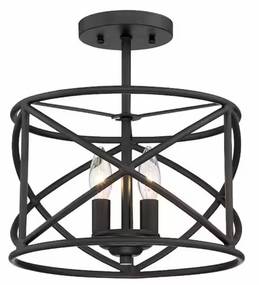 Hastings 13.5 in. 2-Light Oil Rubbed Bronze Modern Entryway Semi-Flush Mount with Open Cage Design HB2590-34