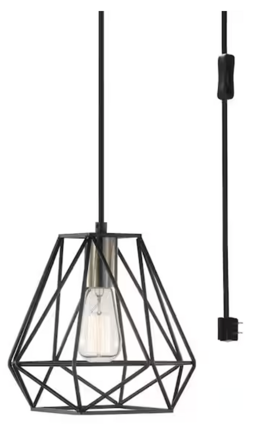 Hampton Bay Brielle 60-Watt 1-Light Matte Black Shaded Pendant Light with Cage Shade 67000094