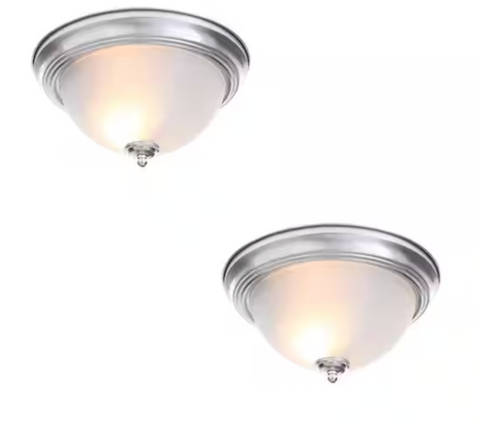 Commercial Electric 13 in. 2-Light Brushed Nickel Flush Mount with Frosted Glass Shade (2-Pack) EFG8012A-BN