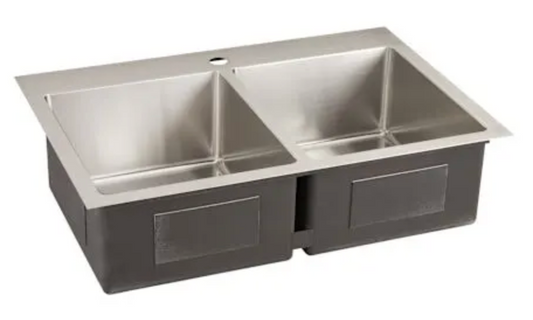 Signature Hardware Ortega 33" Drop In / Undermount 50/50 Double Basin Stainless Steel Kitchen Sink with Single Faucet Hole SHORDMA2BE1