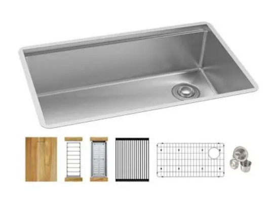 Elkay Crosstown 31-1/2" Undermount Single Basin Stainless Steel Kitchen Workstation Sink with Basin Rack, Basket Strainer, Colander, and Cutting Board EFRU30169RTWC