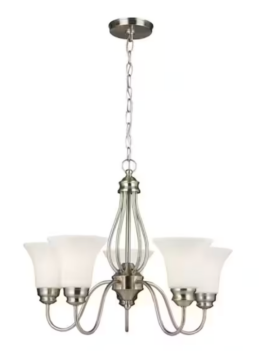 Hampton Bay Kensley Park 5-Light Classic Traditional Brushed Nickel Hanging Candlestick Chandelier with Frosted White Shade EFG8195L-2