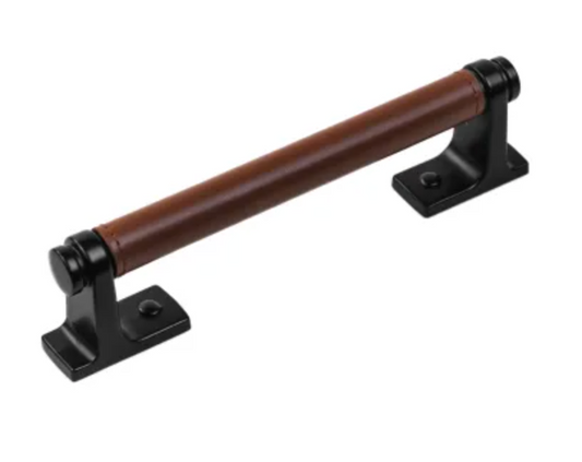 Belwith Keeler Reserve 5-1/16" Center to Center Leather Cabinet Handle / Drawer Pull - Matte Black / Brown Leather B077980LRMB