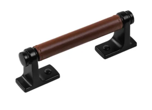 Belwith Keeler Reserve 3-3/4" Center to Center Luxury Leather Cabinet Handle / Drawer Pull Matte Black / Brown Leather B077979LRMB