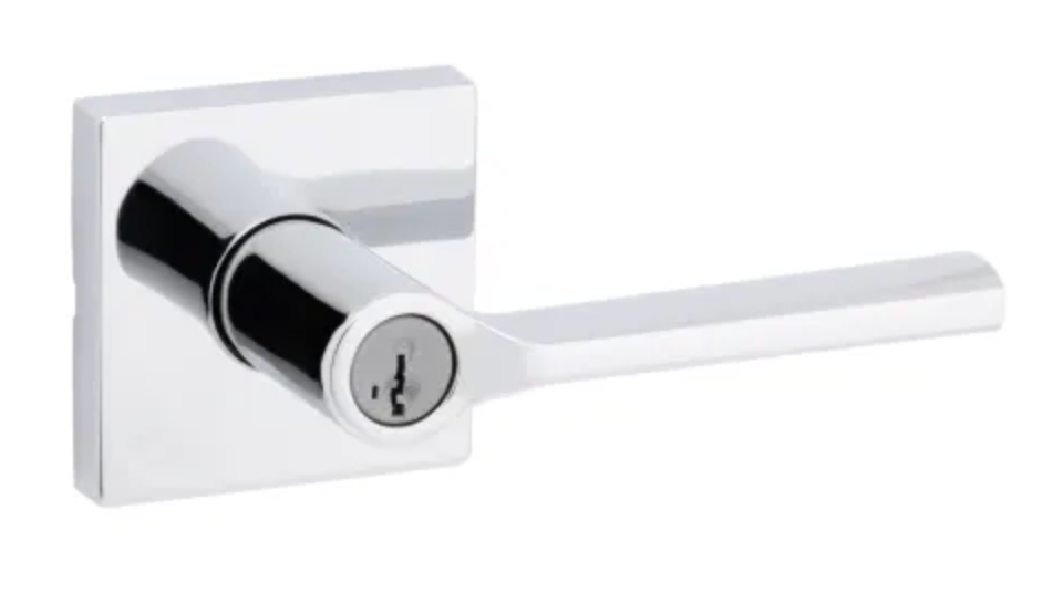 Kwikset Lisbon Single Cylinder Keyed Entry Door Lever Set with Square Rose and SmartKey Polished Chrome 740LSLSQT-26S