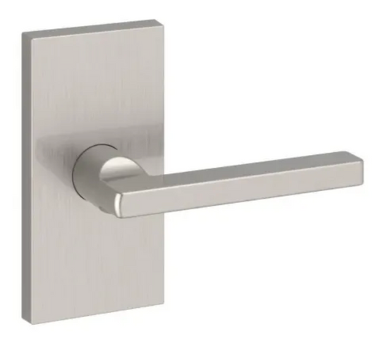 Baldwin Square Non-Turning Two-Sided Dummy Door Lever Set with 5 Inch Rectangle Rose from the Reserve Collection Satin Nickel FDSQUCFR150